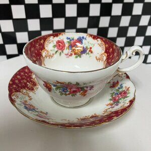 Paragon Rockingham Red Bone China Tea Cup and Saucer: Floral Gold Trim